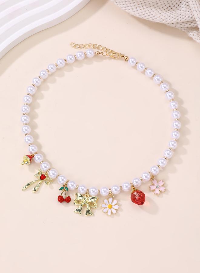 Take Two Faux Pearl Necklace with Fruit and Floral Charms - Image 1